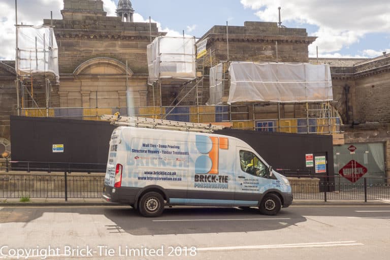 The Brick-Tie team arrive at Harrogate Spa as scaffolding is erected.