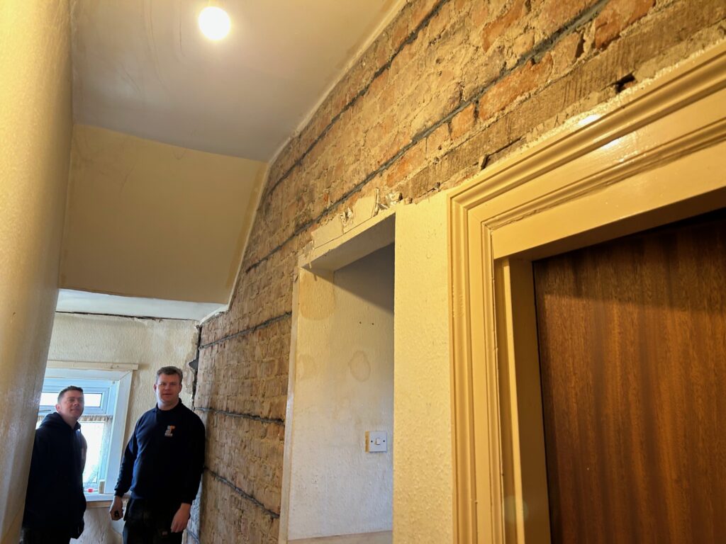 Exposed Helifix helibars repair to a building on the east coast of Yorkshire. With Brick-Tie senior technician Craig Tarbotton.